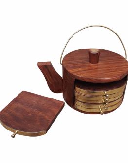 Wooden Kettle Tea Coasters With Six Cups Plates/Mat