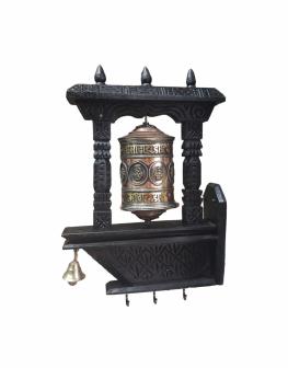 Wooden Prayer Wheel With Bell Wall Hanging 14x9 Inch