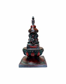 Resin Red Buddhist Stupa Or Chaitya With 4 Buddha 6 Inches