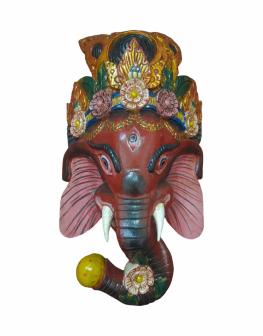 Wooden Nepali Ganesh Mask 20x11 Inch Red Flower