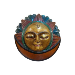 Traditional Wooden Moon Wall Art – 11 Inch Chandra Surya Handmade Nepali Multicolor Decor