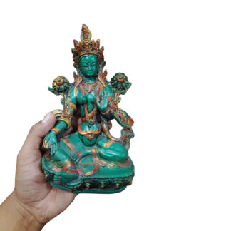 Multicolor Green Tara Statue In Hand 9 Inches