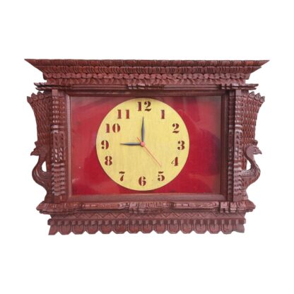 Traditional Nepali Wall Clock Handicraft 17x12 Inch Frame Brown With Side Peacock Design