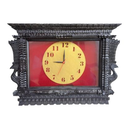 Traditional Wooden Nepali Wall Clock Handicraft 17x12 Inch Frame Black With Side Peacock Design