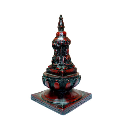 Resin Red Buddhist Stupa Or Chaitya With 4 Buddha On 4 Sides 6 Inches