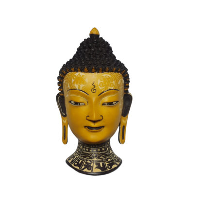 Buddha Head Mask Yellow With Carvings 8x4 Inch