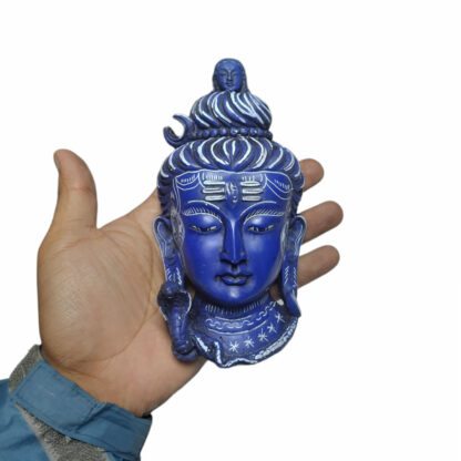 Lord Shiva Mask Head Smallest Blue Carving 7 Inch In Hand
