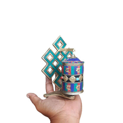 Small Tibetan Spinning Prayer Wheel with Endless Knot 4.5 Inch With Stone Setting In Hand