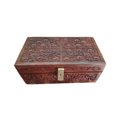 Rectangle Wooden Jewellery Box With Carvings 10x6 Inch Inside Open