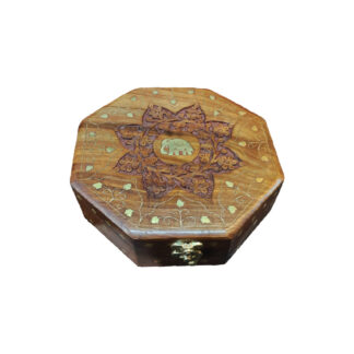 Wooden Hexagonal Carved Jewellery Box 8 Inch