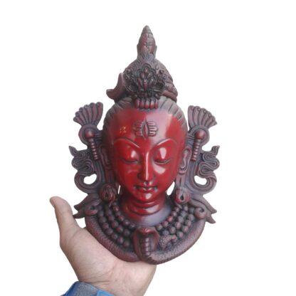 Red Resin Nepali Lord Shiva Head Mask 10 Inch Wall Hanging Decor In Hand